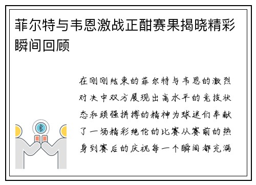 菲尔特与韦恩激战正酣赛果揭晓精彩瞬间回顾